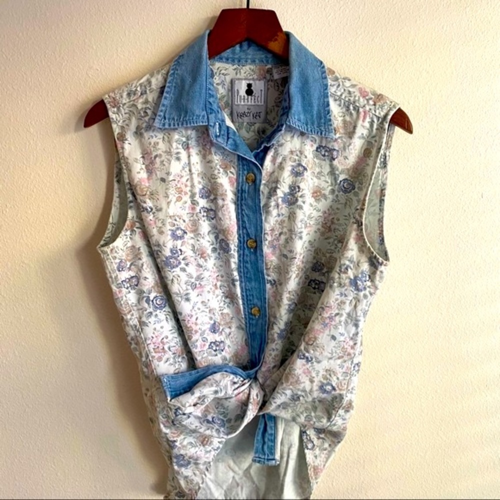 Vintage Denim Pastel Floral Printed Sleeveless Shirt Krazy Kat Purrfect 90’s - Picture 6 of 10